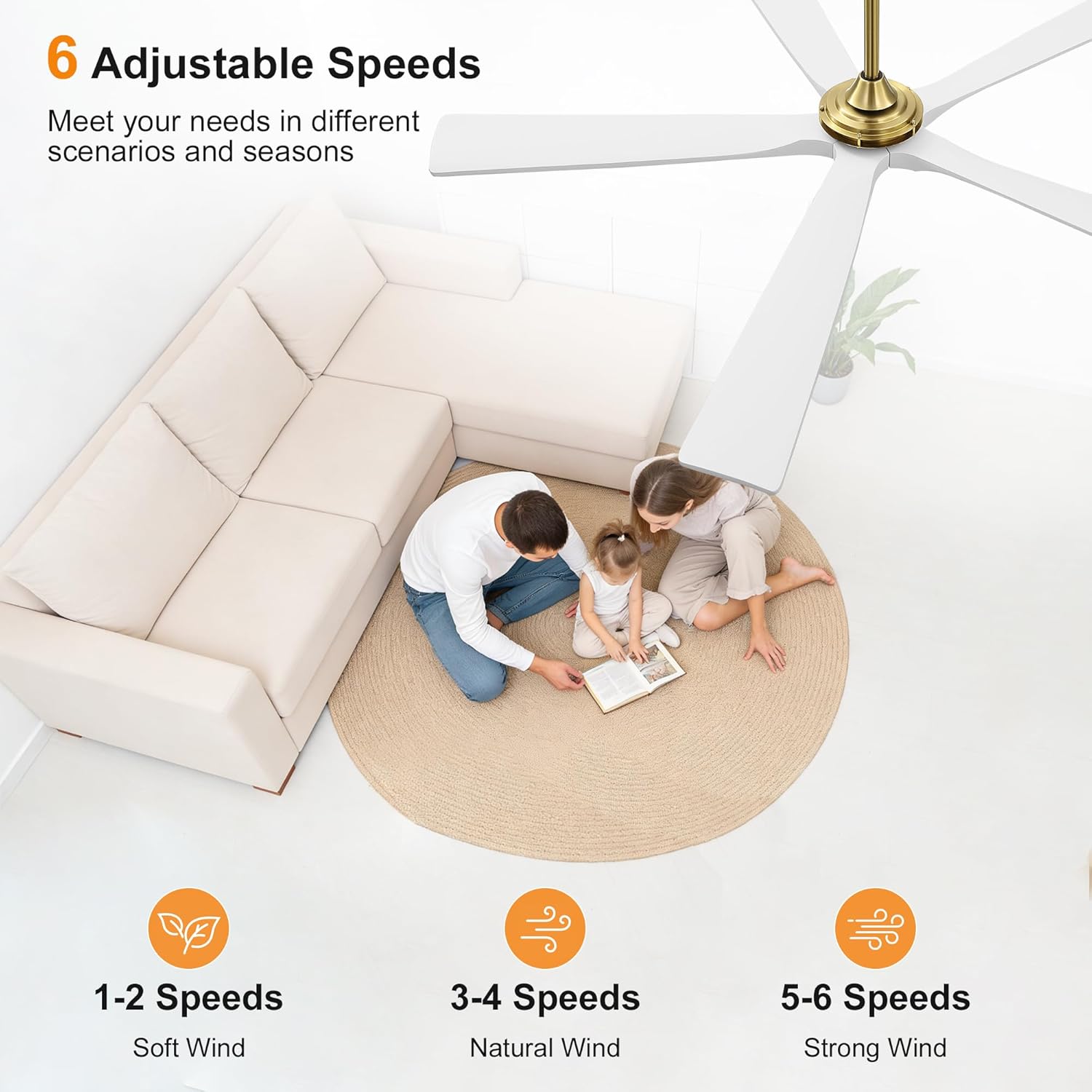 WINGBO 60 Inch Ceiling Fan without Light - 5 Carved Solid Wood Blades, 6-Speed Reversible DC Motor, Noiseless Remote Control Ceiling Fan No Light for Bedroom Living Room Kitchen, Gold and White