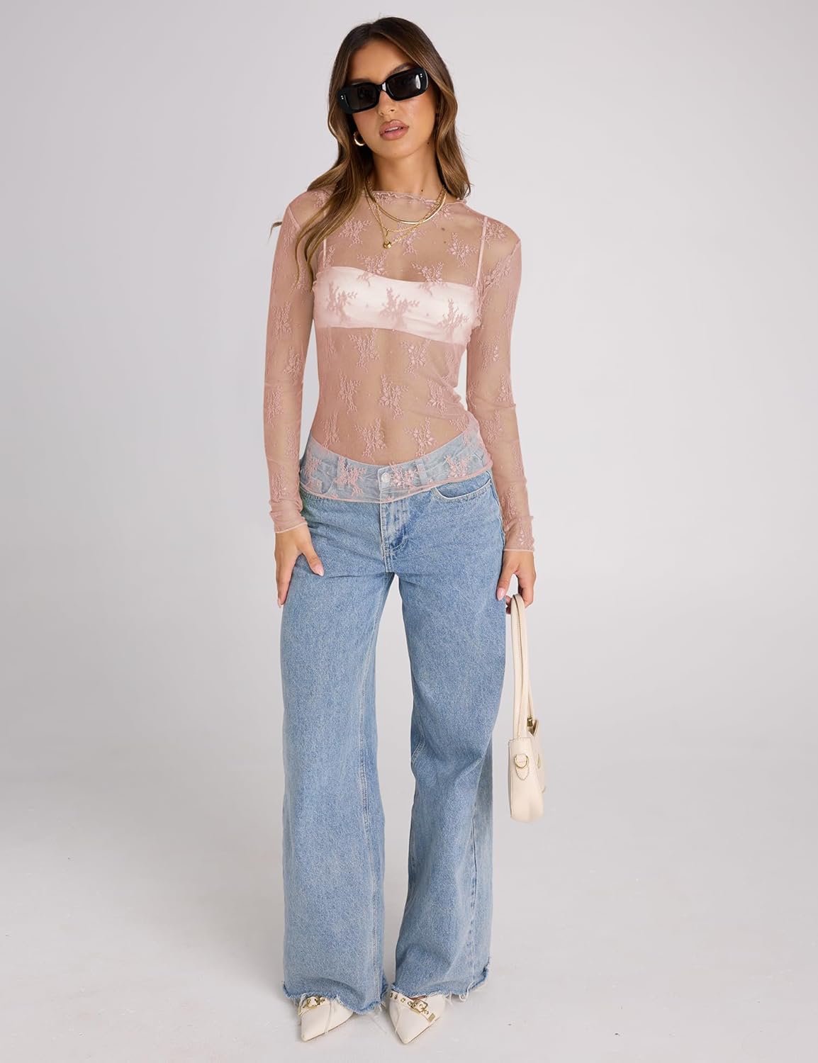 KTILG Womens Mesh Long Sleeve Top Sheer Blouse Sexy See Through Tee Shirt Lace Tops S-XXL - Image 3