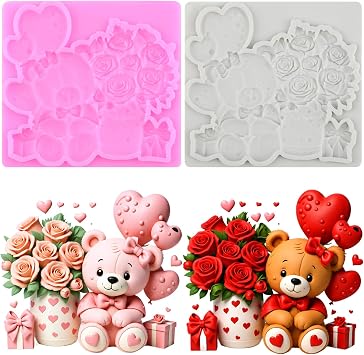Valentines Day Fondant Mold Bear Silicone Mold Rose Flower Chocolate Mold for Cake Decorating Cupcake Topper Candy Sugar Gum Paste Polymer Clay Set Of 2
