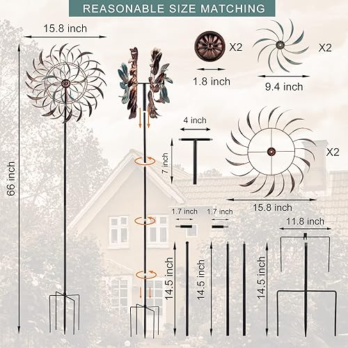 Miniatura 5 de VEWOGARDEN 66 x 15.8 pulgadas + 20 pulgadas de diámetro, molino de viento de metal al aire libre – Escultura de atrapadores de viento para patio