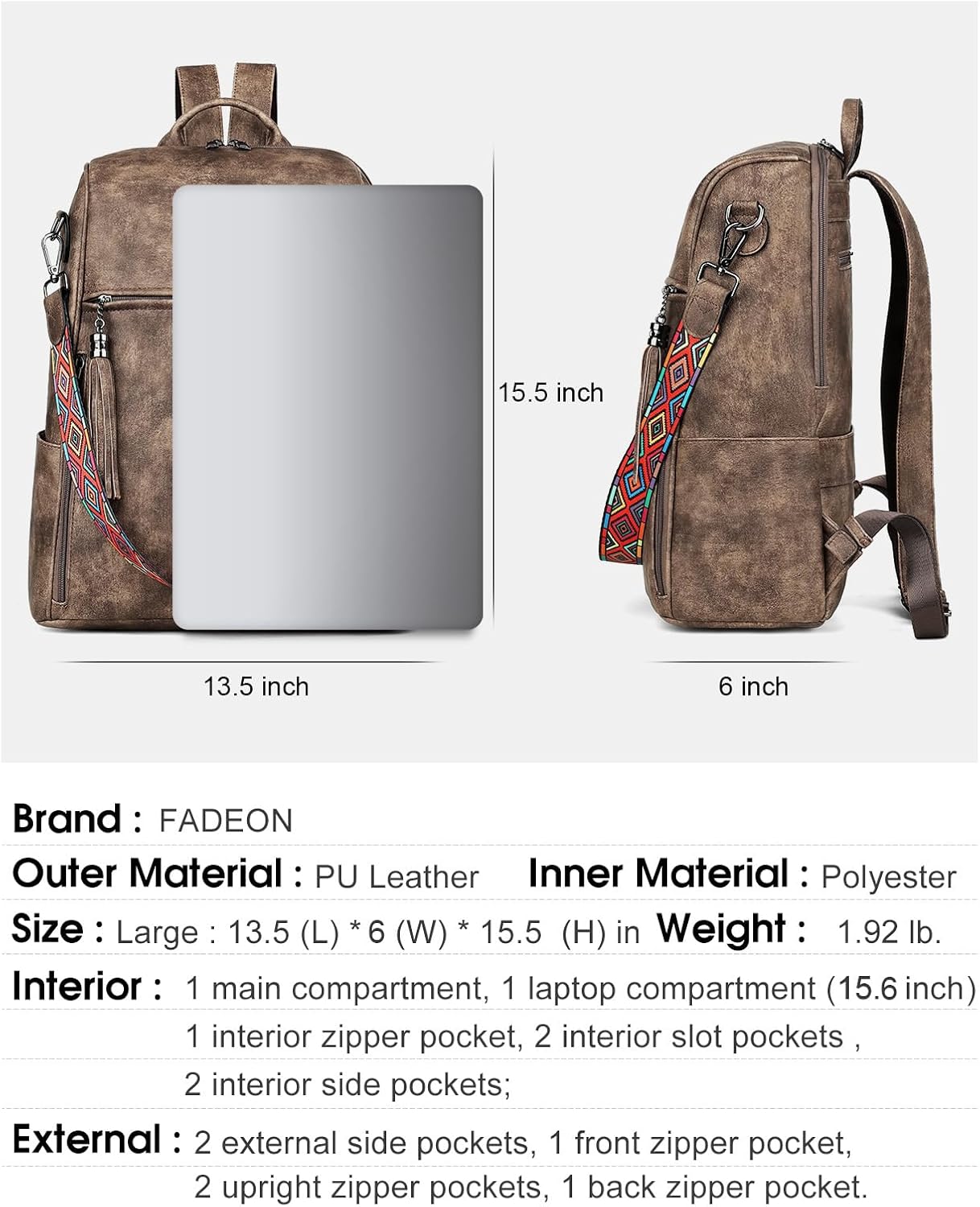 FADEON Leather Laptop Backpack for Women, 15.6 inch, Travel Work Bag image 3