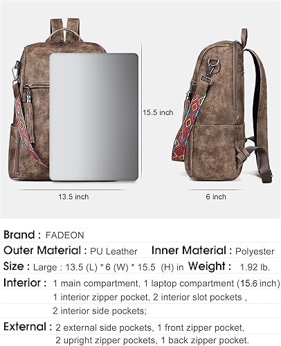 Miniatura 3 de FADEON Mochila grande para mujer, diseño grande, de piel sintética, para laptop, bolsas de hombro para computadora, Marrón café, Mochilas de viaje