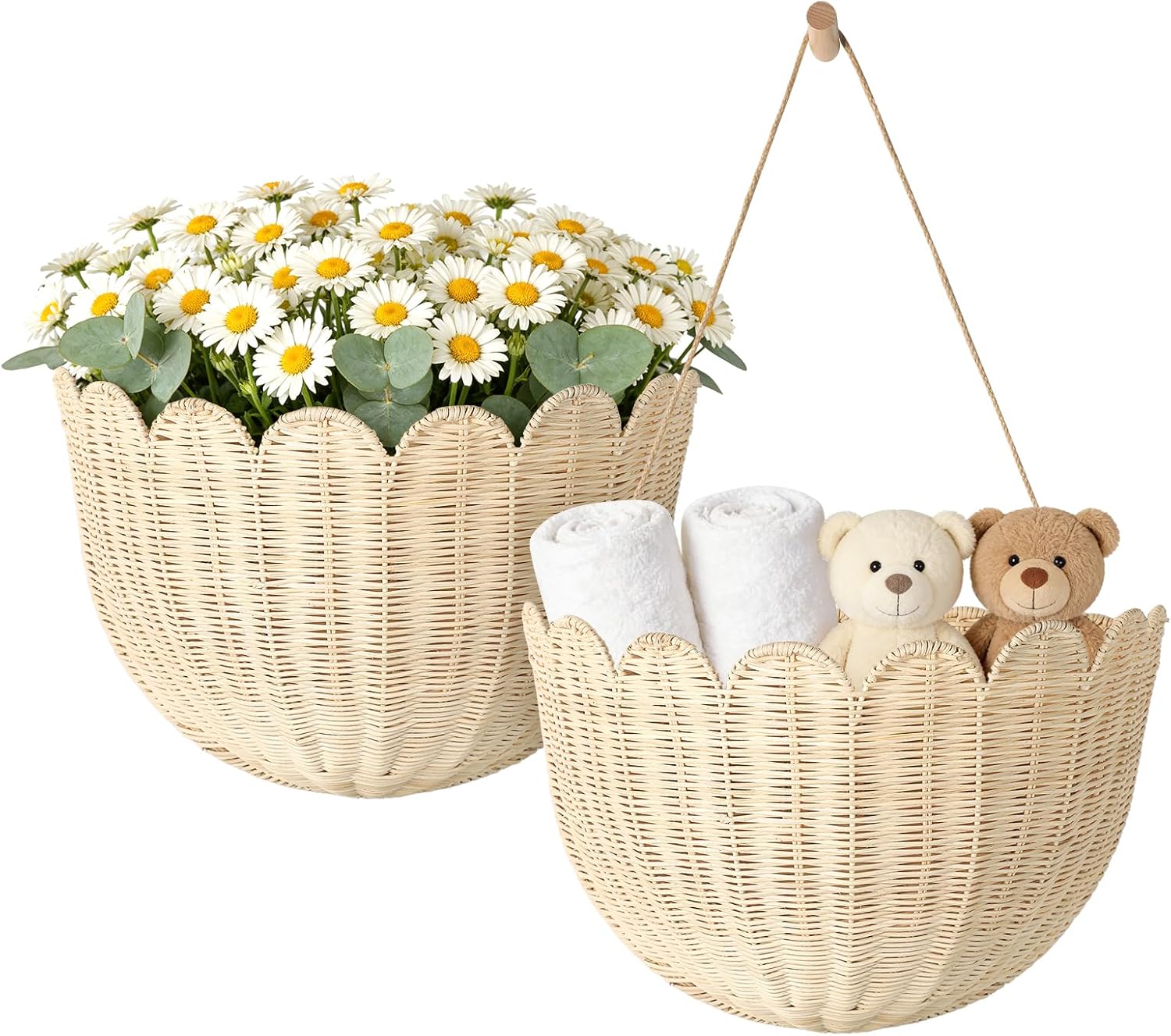 Natural Handwoven Scalloped Wall Basket Set of 2, Premium Rattan Wicker Wall Hanging Organizer for Boho Home Decor, Decorative Wall Storage for Bathroom, Entryway, Living Room & Craft Room