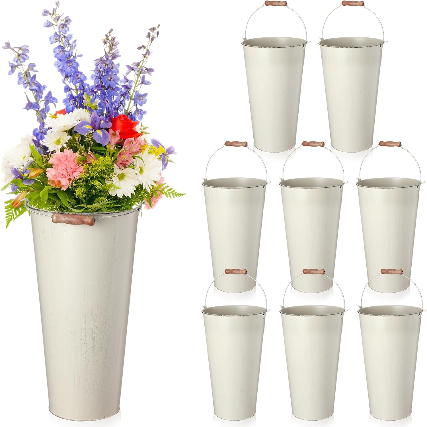 Mumufy 8 Pcs 13.8 Inch Wedding Galvanized Metal Vases for Flowers Buckets for Flowers Galvanized Metal Tin Bucket with Handle for Wedding Table Rustic Vintage Home Decor Farmhouse Flower Vases(White)