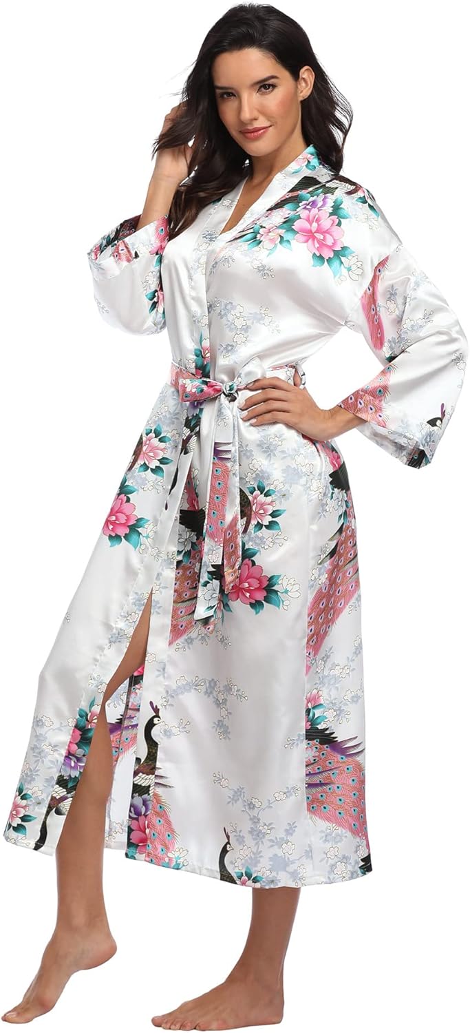 Super Shopping-zone Women's Floral Long Silk Kimono Robes Satin Dressing Gown Peacock Blossoms - Image 2