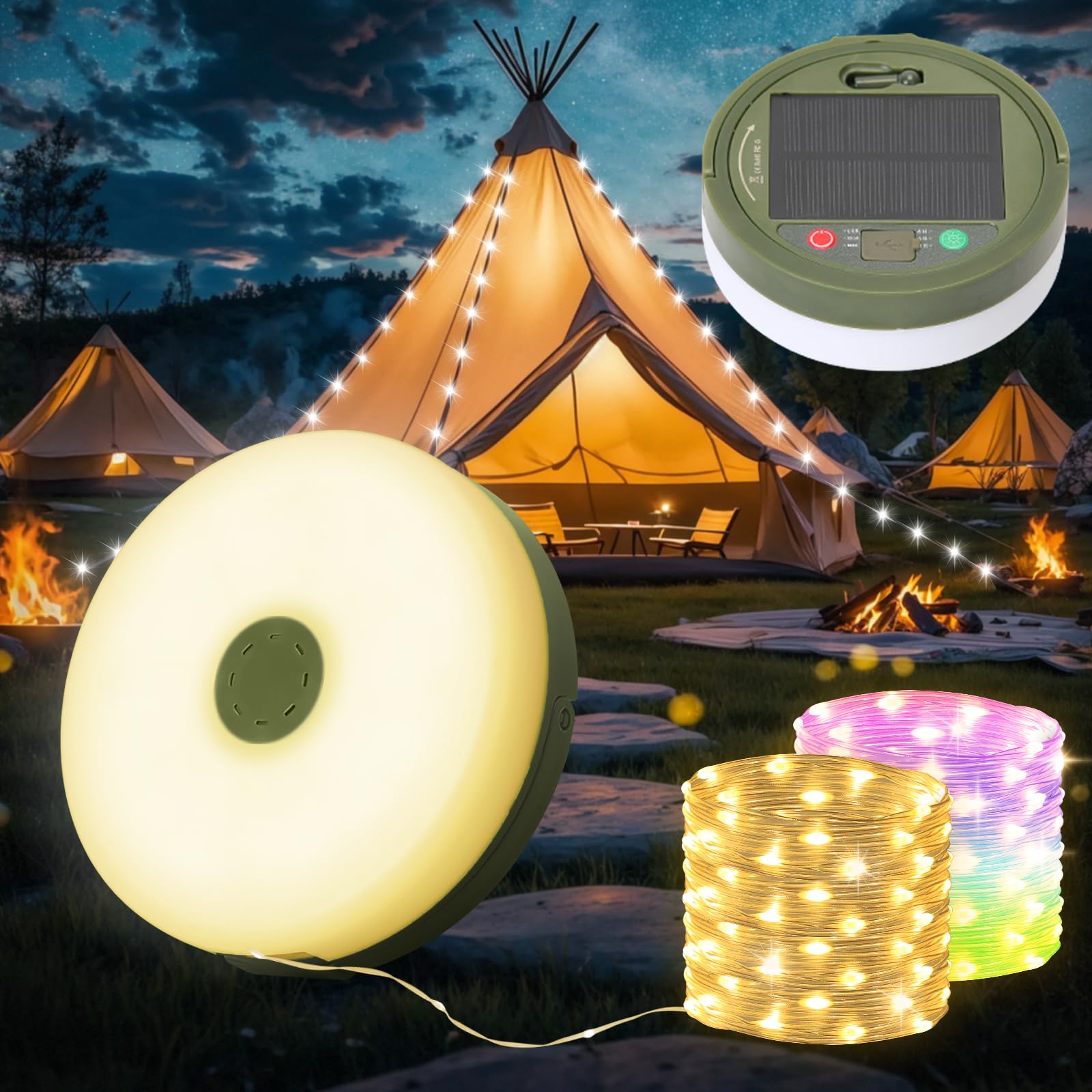 Guirlande LED Camping 10m étanche, Portable, 9 Modes Lumière Chaude, Batterie USB Rechargeable - Pour Tente, Jardin, Fêtes