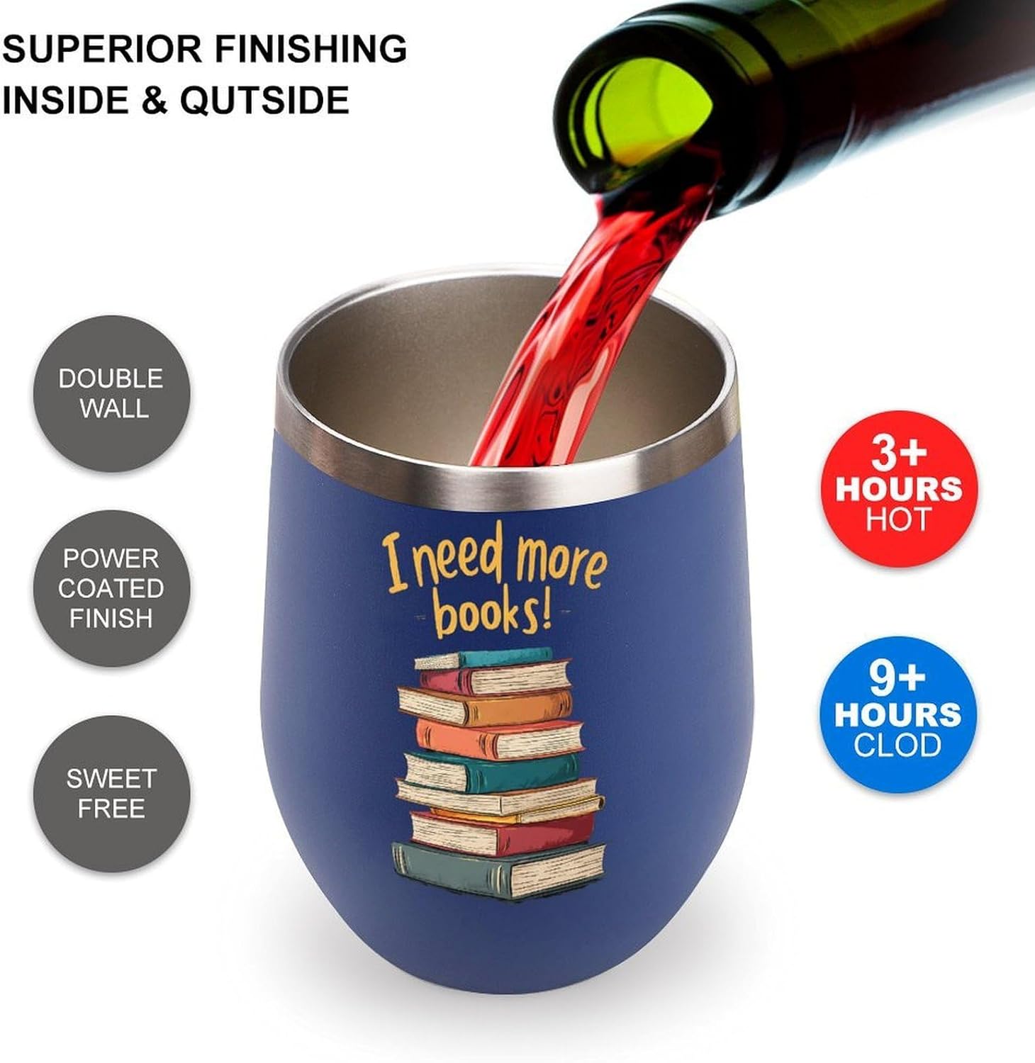 Reading Lover I Need More Books Insulated Drinking Cup Stainless Steel Coffee Mug Wine Tumbler with Lid 12OZ