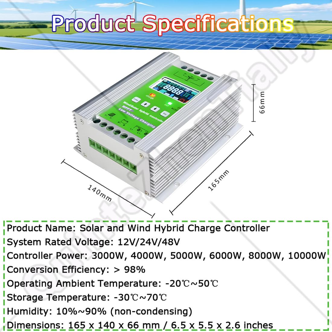 off Grid Mppt Wind Solar Hybrid Controller,Regolatore Carica Ibrido Solare Eolico App WiFi Mobile,umidità 10%~90% (Senza Condensa),Classe Protezione Ip30,per Eolico Pannelli 6000W