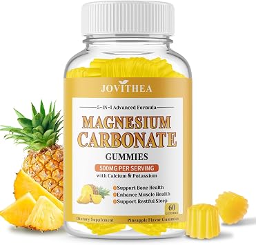 Magnesium Carbonate Gummies 500mg, High Absorption Magnesium Supplement for Women & Men, with Calcium, Potassium, Vitamin C & D3, Support Digestive & Muscle Health,Sugar Free,Vegan,Pineapple Flav,60Ct