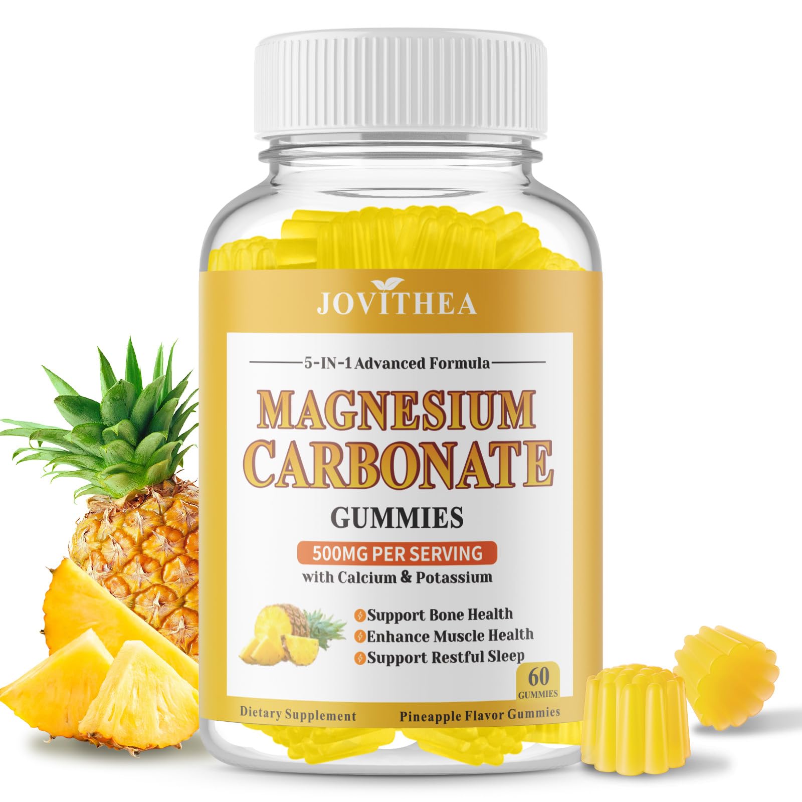 Magnesium Carbonate Gummies 500mg, High Absorption Magnesium Supplement for Women & Men, with Calcium, Potassium, Vitamin C & D3, Support Digestive & Muscle Health,Sugar Free,Vegan,Pineapple Flav,60Ct