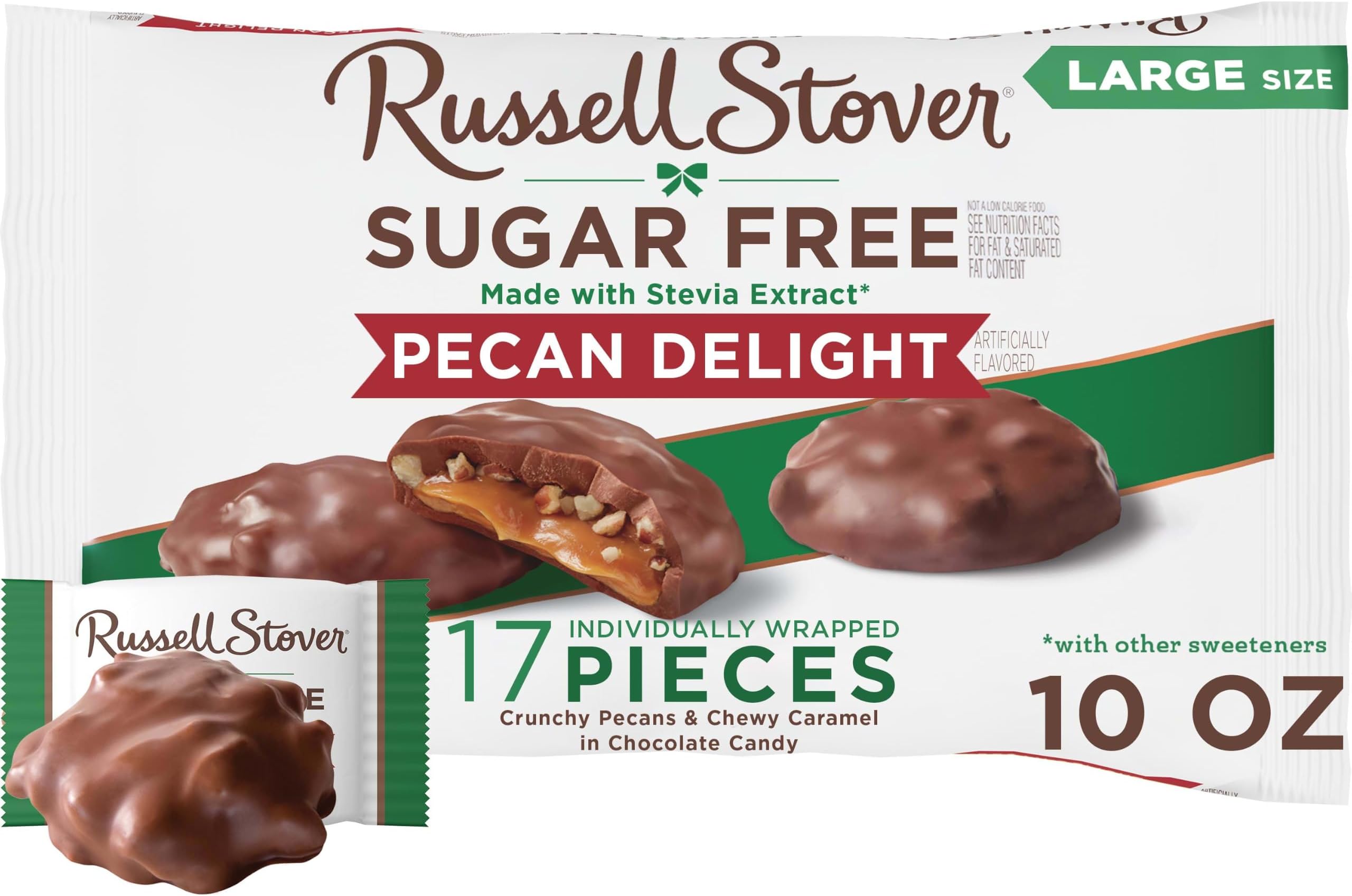 Russell Stover Sugar Free Pecan Delights with Stevia, 10 oz. Bag | ZERO SUGAR, STEVIA EXTRACT, DESSERT, SNACKING, ASSORTED CHOCOLATE, ASSORTED FLAVORS