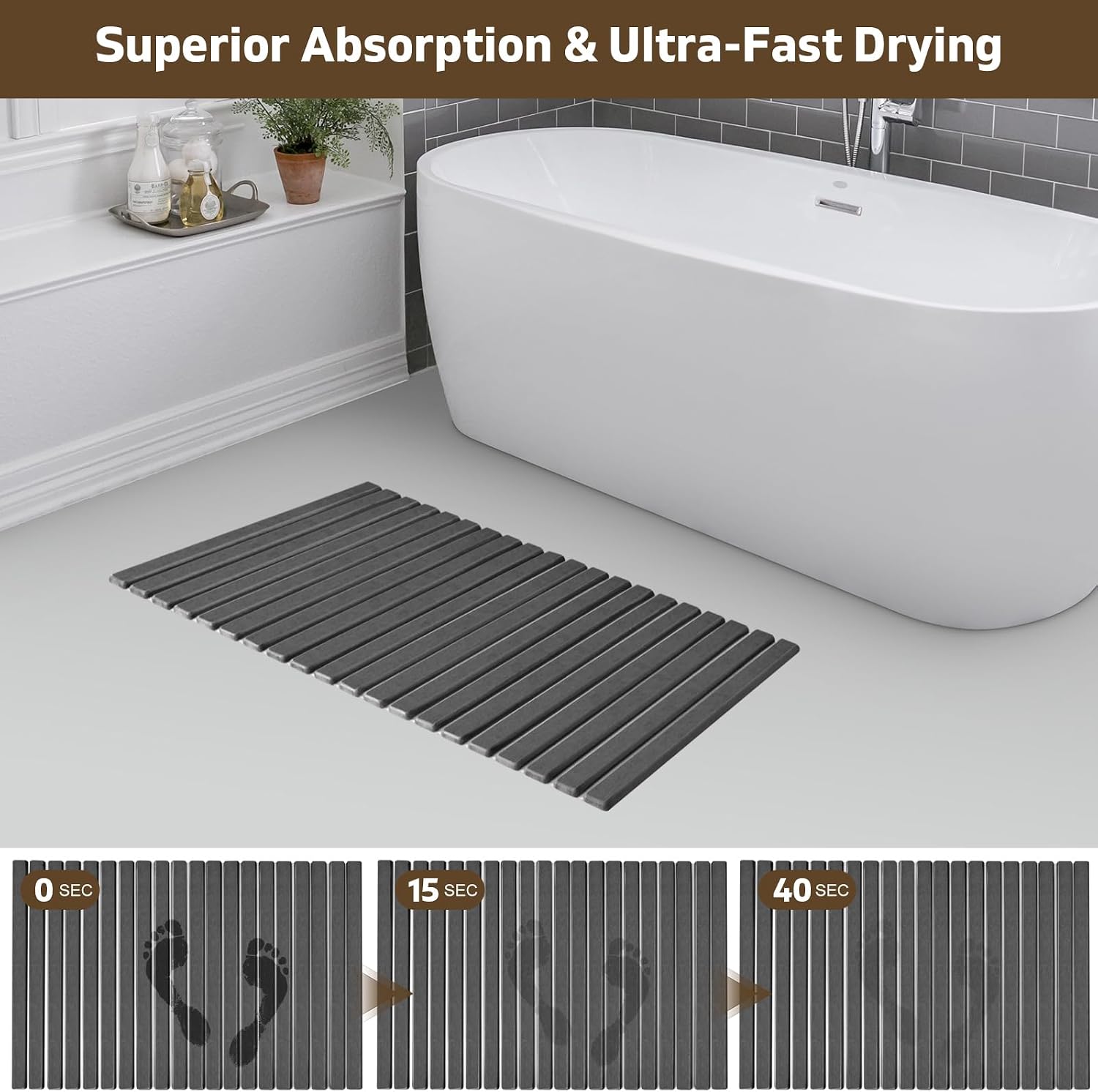 Foldable Stone Bath Mat for Bathroom, 2 Pcs Upgraded Large Super Absorbent Diatomaceous Earth Mat with Non-Slip Base, Quick Drying Floor Mat for Bathroom Kitchen Counter (24" x 16", Grey)