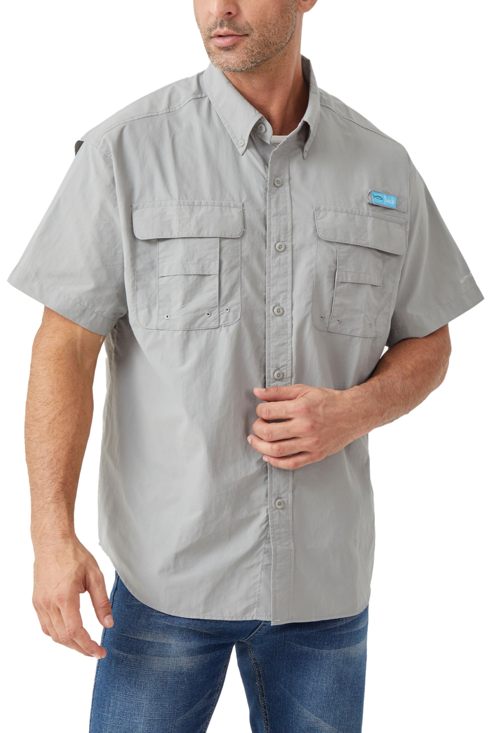 Tuna Men's Fishing Short Sleeve Shirts - UPF 50+ Sun Protection Quick-Dry Water-Resistant Botton Down Outdoor Camping