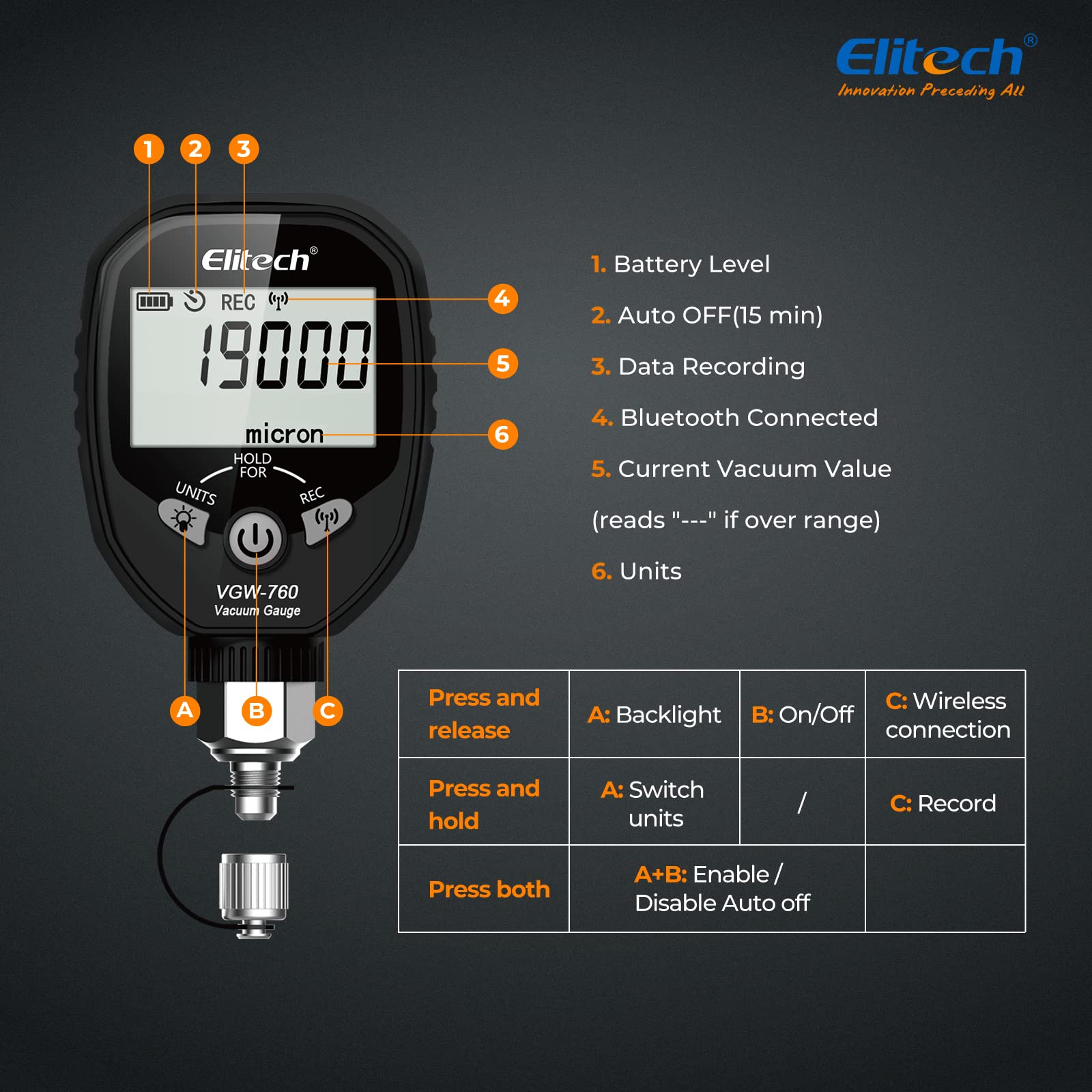 Elitech VGW-760Pro HVAC Vacímetro conexión APP Actualización OTA Almacenamiento de Datos fuera de Línea Indicador Gráfico de Valor de Vacío