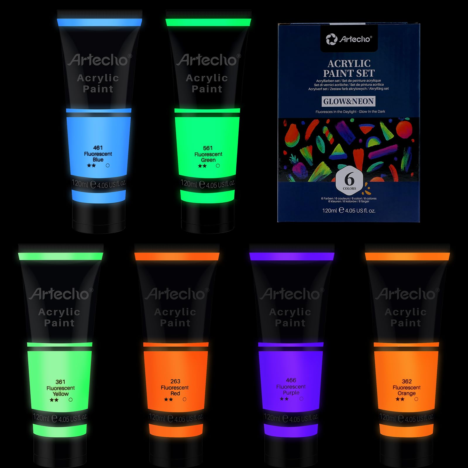 Photo 1 of Artecho Glow in the Dark Paint 6 Colors, 120 ml / 4 oz Acrylic Paint for Decoration, Art Painting, Outdoor and Indoor Art Craft, Supplies for Canvas, Rock, Wood, Waterproof Rich Pigments