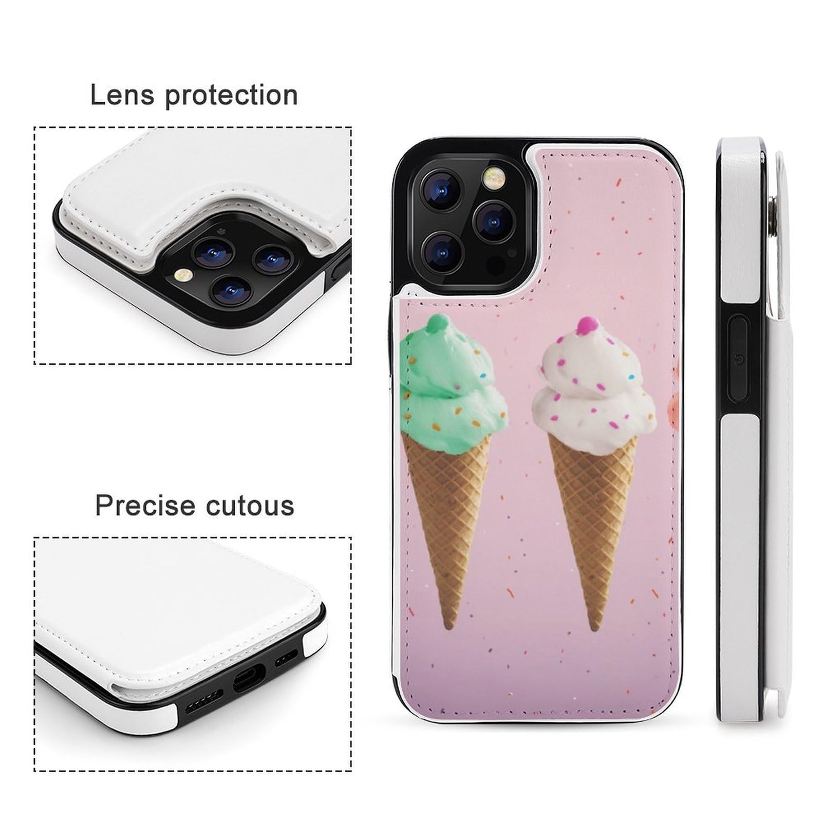 Fundas tipo cartera para iPhone 12 Pro Max, con estampado de conos de helado, funda de piel con ranuras para tarjetas