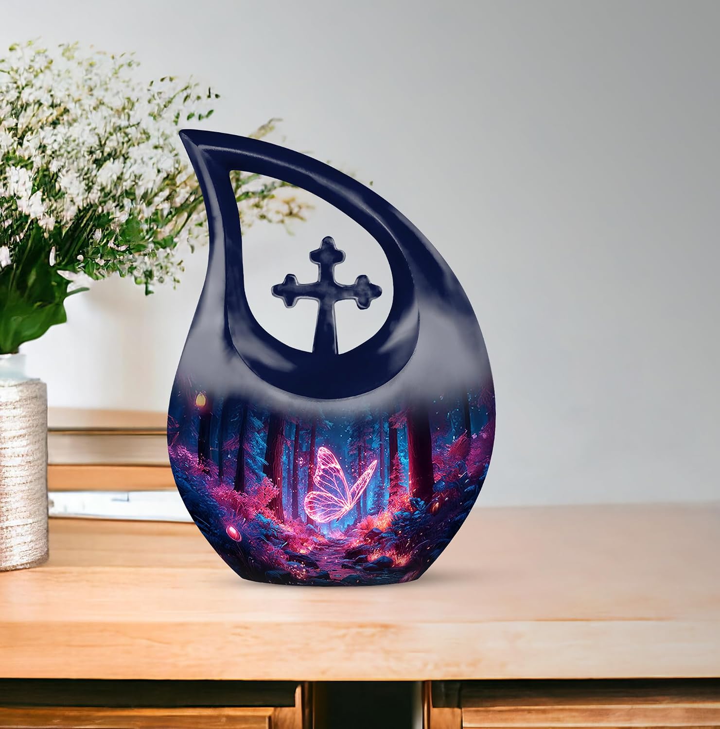 Butterfly Tear Drop Funeral Urn for Ashes for Women - Pink Cremation Urn for Dad - Drop Memorial Urns for Adult Male - Teardrop Urns for Human Ashes - 10 Inch Large Unique Gift for Women