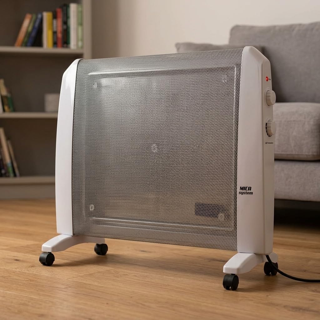 Suinga Radiador de Mica 1500 W | Estufa Eléctrica con Termostato Regulable | 2 Niveles de Calor 750-1500 W | Seguridad Antivuelco y Sobrecalentamiento | Con Ruedas