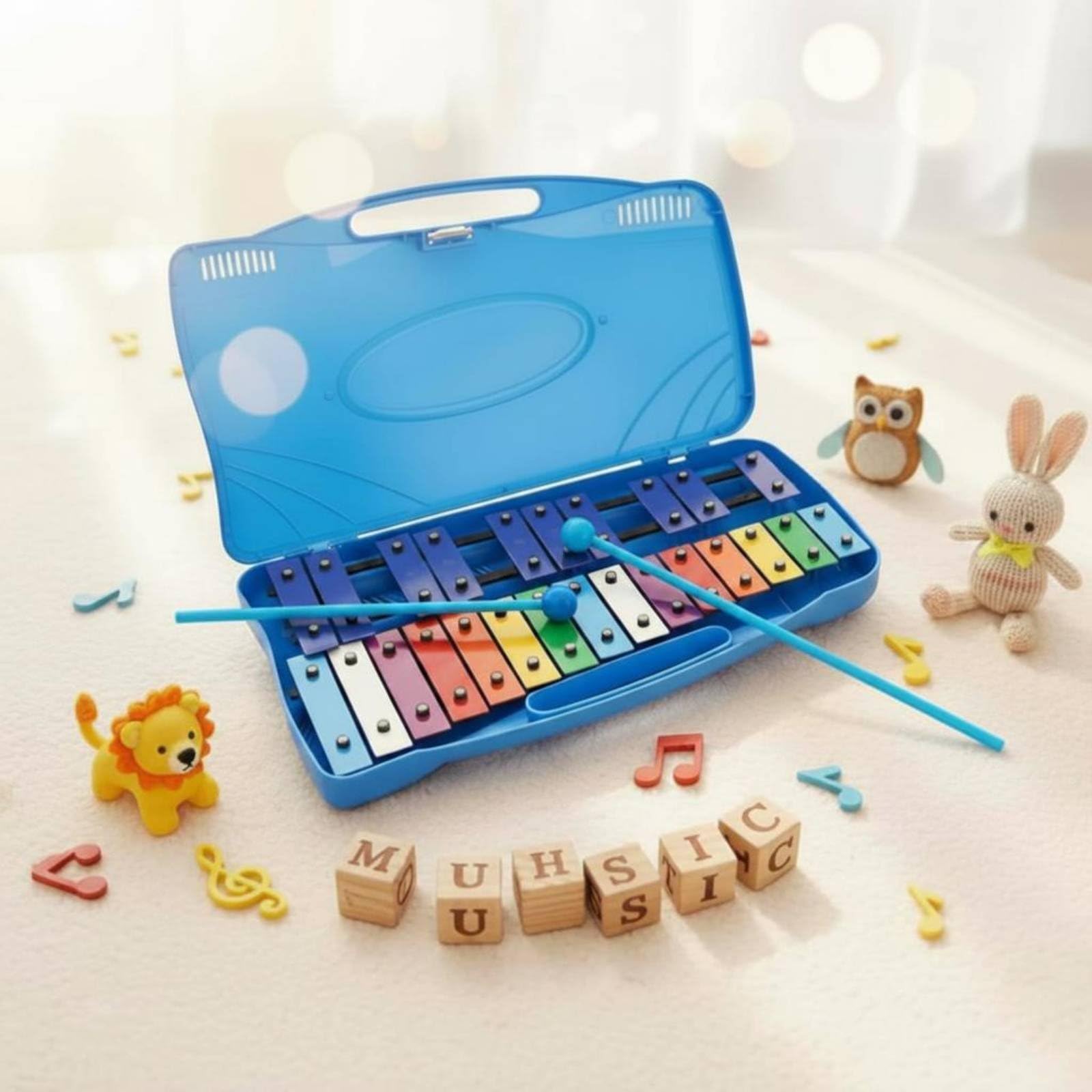 Xilofono Bambini Kit Musicale 25 Note Metallofono Strumento per Apprendimento con Custodia a Trasporto Bacchette E Canzoni Barre Alluminio Base Adatto, Blu