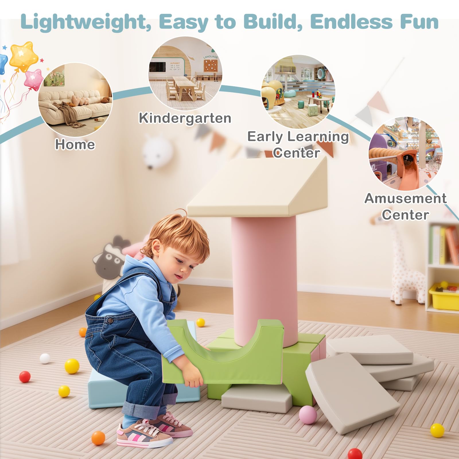 FANTASK Schaumstoffbausteine Set, Softbausteine weich mit Kletter Rutsch Modulen aus PU, Großbausteine Kletterblöcke Indoor Spielset für Kinder ab 1 Jahr, Blau+Grau