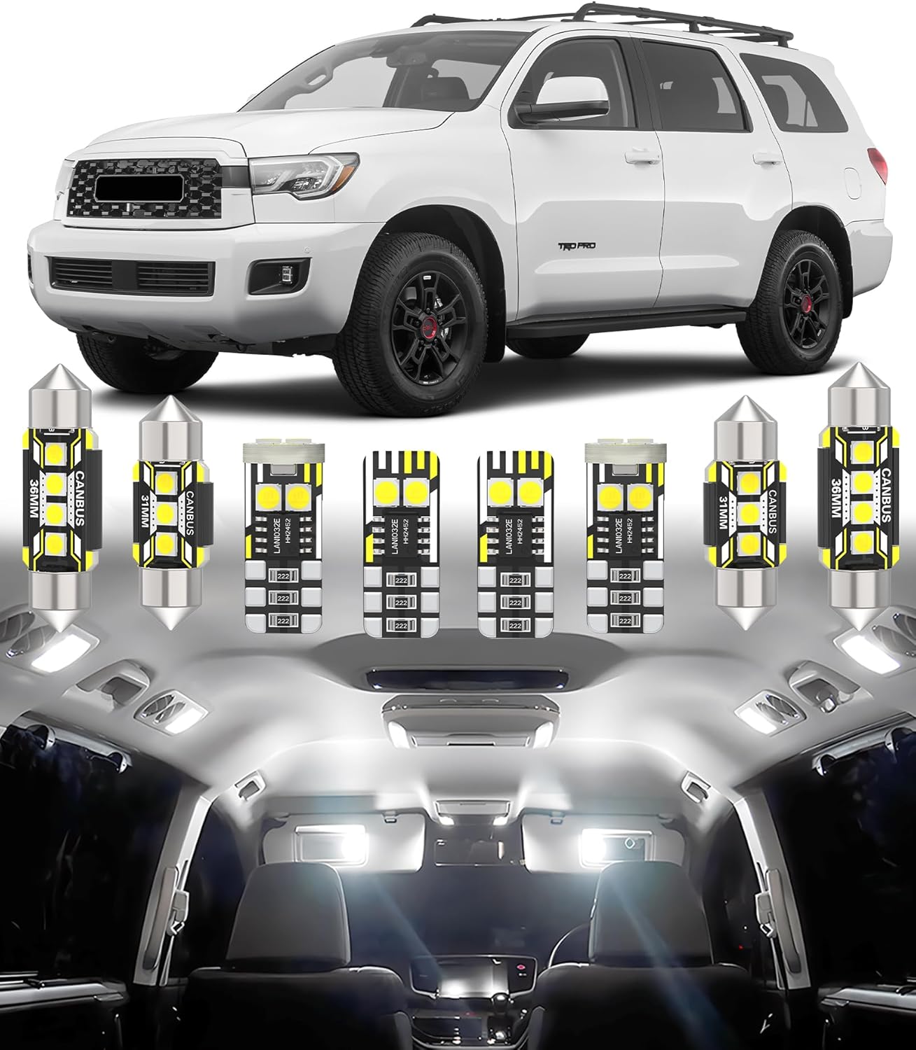 BMT xms Car Interior LED Light Replacement for Toyota Sequoia 2008-2021,6000K Super Bright Interior Light Bulbs Package, 19pcs