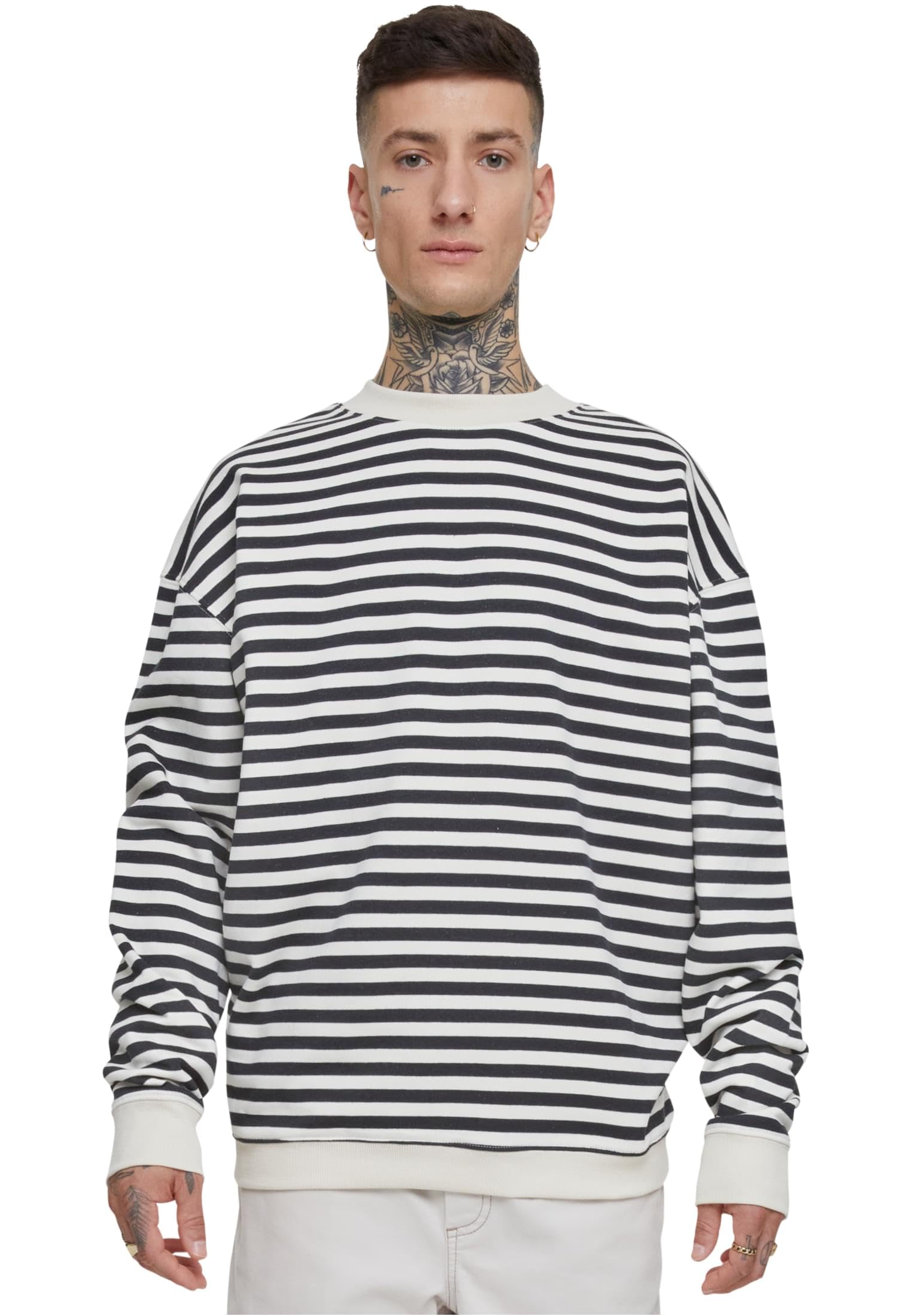 Urban Classics Men's Striped Crew Neck Sweatshirt, Whitesand/Black, L
