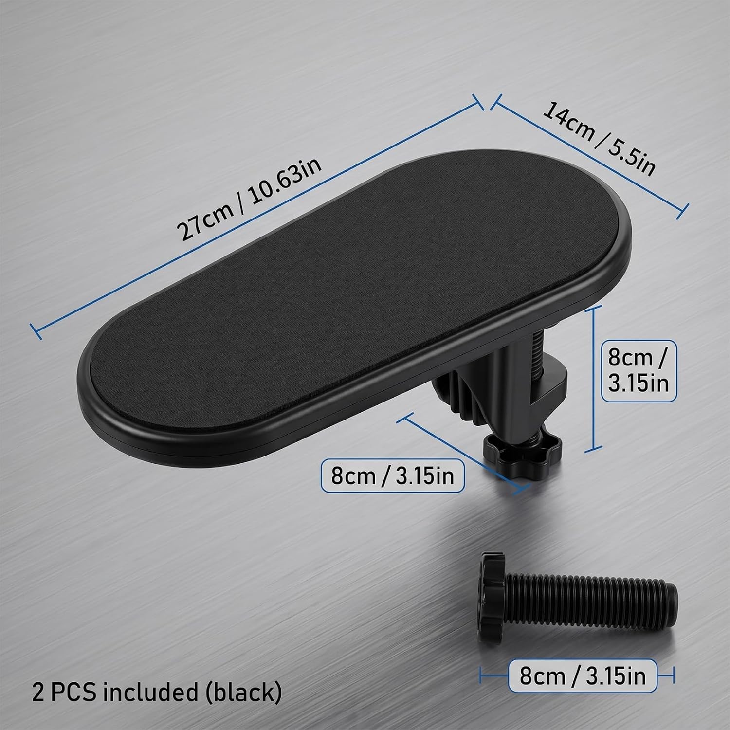 2 PCS Desk Arm Rest, Clamp-On Ergonomic Computer Elbow Support, 180° Rotating Forearm Extender for Thick Desks Up to 2.36 Inches, PU Leather Wrist Pad for Office and Gaming, No Drill, Black