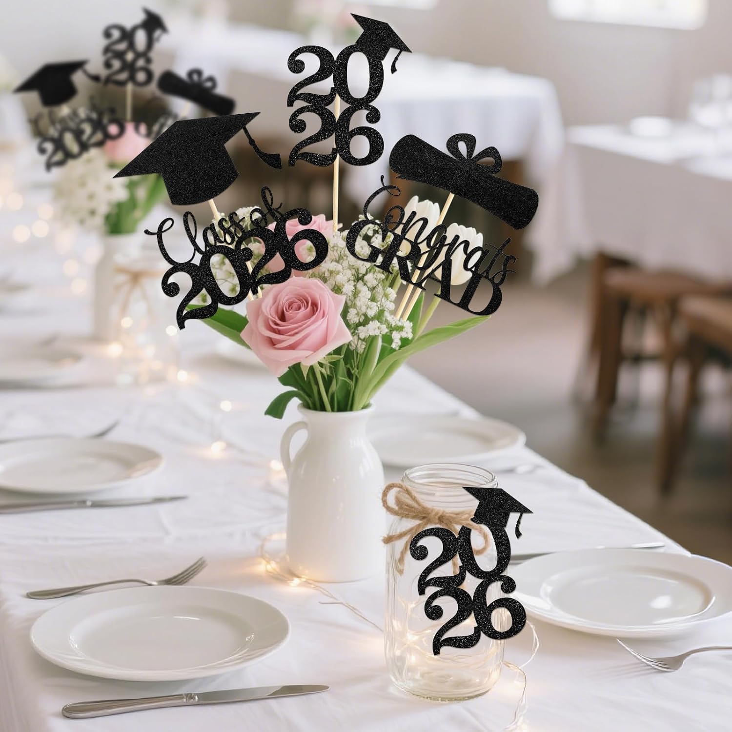 Graduation Decorations 2026, 20Pcs Class of 2026 Graduation Centerpieces for Tables, Black Double-Sided Grad Table Centerpieces with Sticks, Grad Party Decoration Supplies