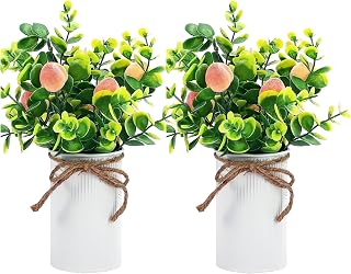 11in Artificial Potted Plants, 2 Pack Artificial Peach Fake Peach Fruit Decoration Artificial Farmhouse Centerpiece Decoration with Metal Pot for Spring Decor, Home Decor
