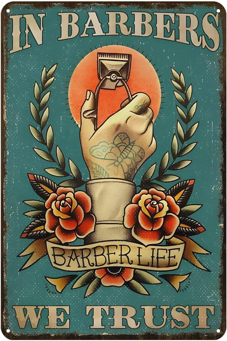 Yunking Style-121 Funny Metal Sign In Barbers We Trust Retro Decor Art Sign Home Kitchen Bar Barbershop Cafe Club Cave Wall Decor Barbers Tin Sign Tin Signs Vintage Kitchen 8X12 Inch