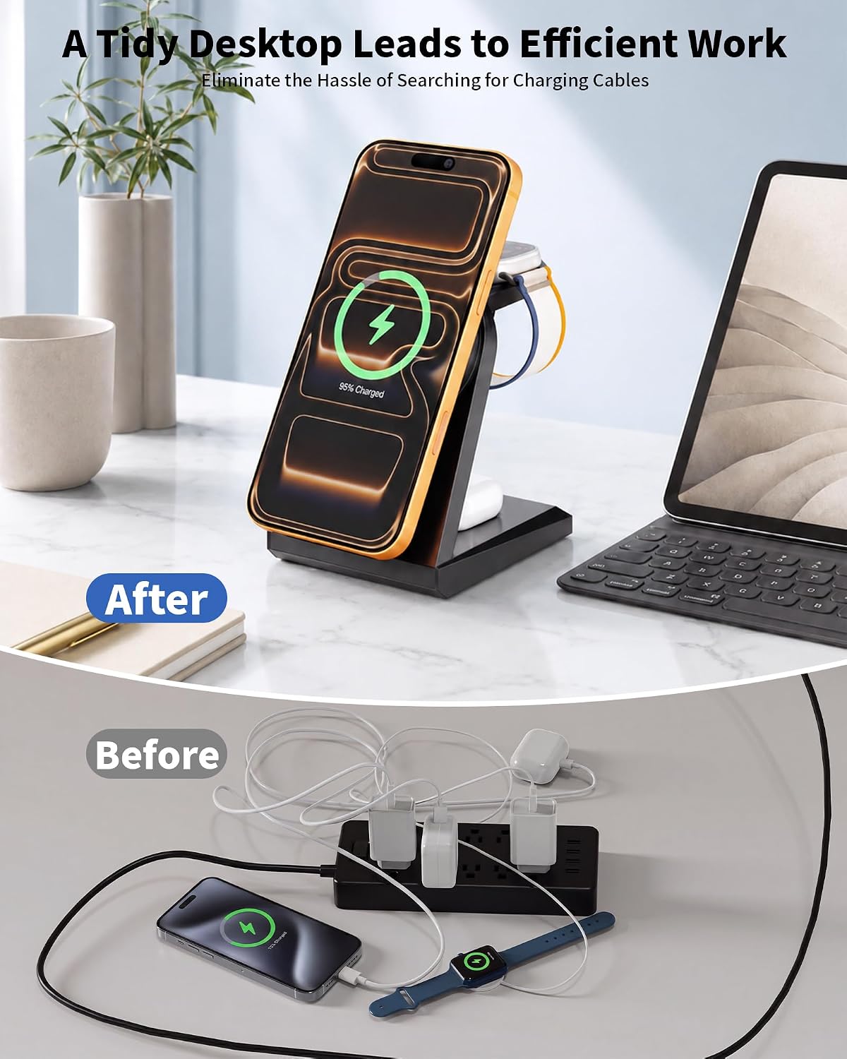 3 in 1 Wireless Charging Station,25W Wireless Charger Stand for Multiple Devices Apple Fast Desk Magnetic Charger Station with USB C Adapter for iPhone 17 16 15 14 13 12 Series/Apple Wacth&AirPods Pro