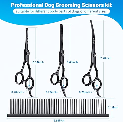 Miniatura 6 de Kit de aseo para perros, 5 en 1 de acero inoxidable chapado en titanio, tijeras de aseo para perros para aseo con punta redonda de seguridad,