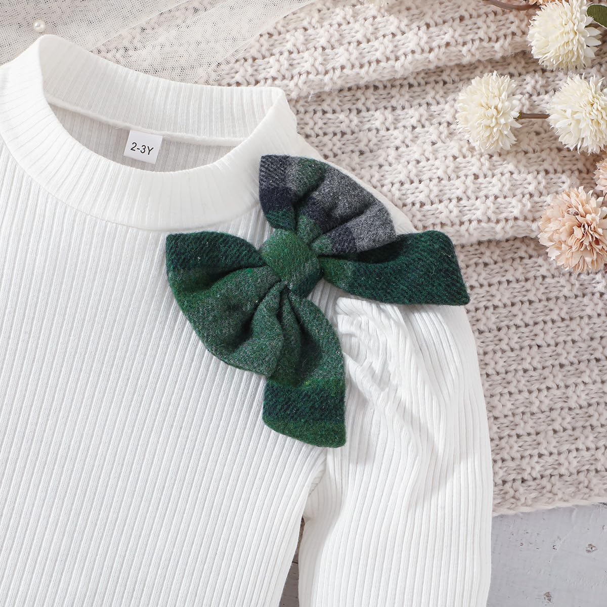 Toddler Girls Plaid Outfits Fall Winter Knit Ribbed Bow Sweatshirt Tops Pleated Skirts Set Holiday Picture Clothes - Image 5
