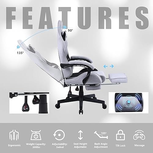 Miniatura 3 de Dowinx Silla de juegos de tela con cojín de resorte helicoidal, silla de juego ergonómica para adultos con reposapiés y soporte lumbar de masaje,