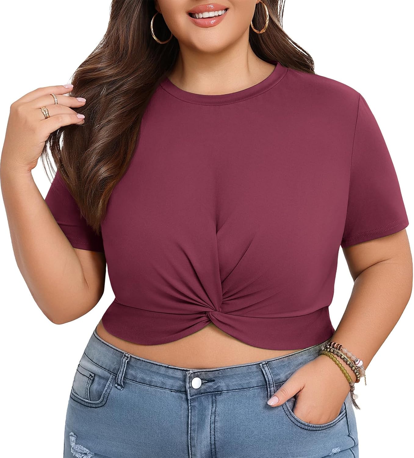 Lastshe Women's Plus Size Summer Crop Tops Short Sleeve Blouses Tie Twist Front Tee T-Shirt Outfits - Image 2