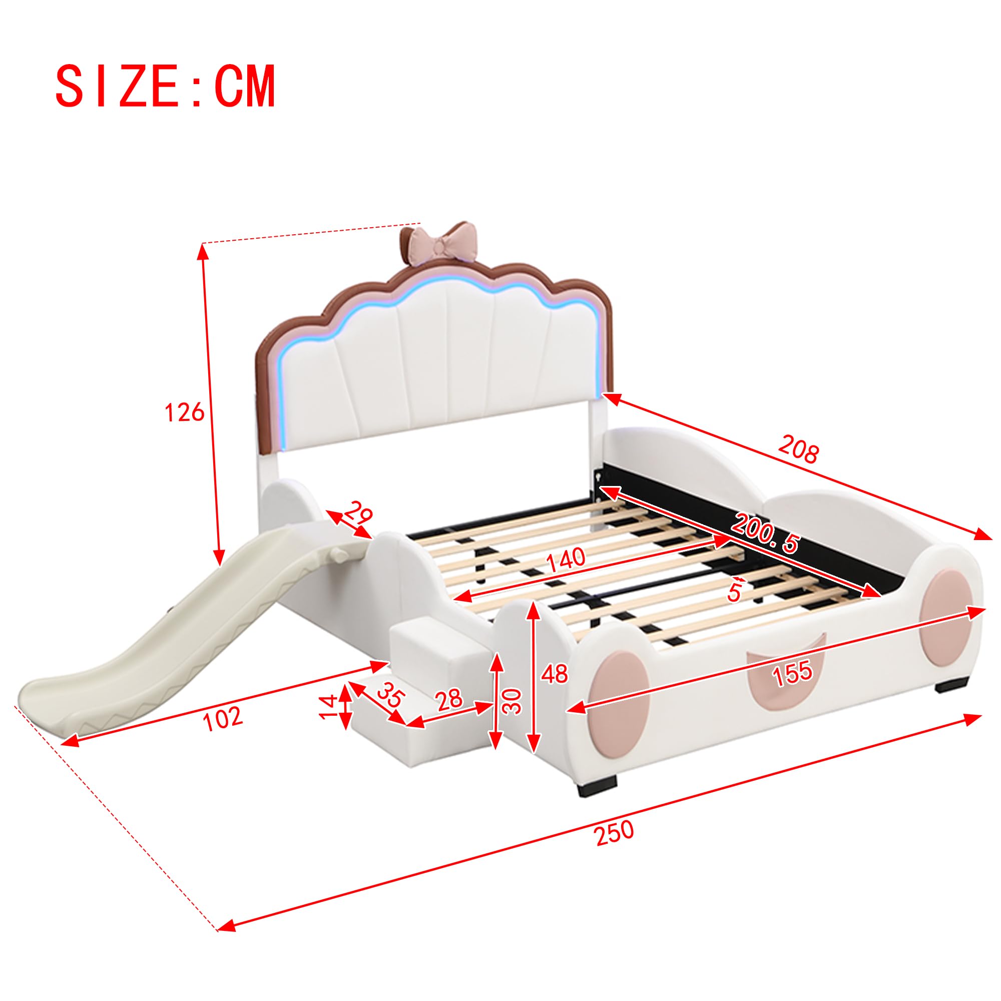 Letto imbottito per bambini - 140 x 200 cm - Motivo cartone animato - Testiera con design d'atmosfera - Letto per bambina con rete a doghe, scivolo e scala - Per camera dei bambini - Senza