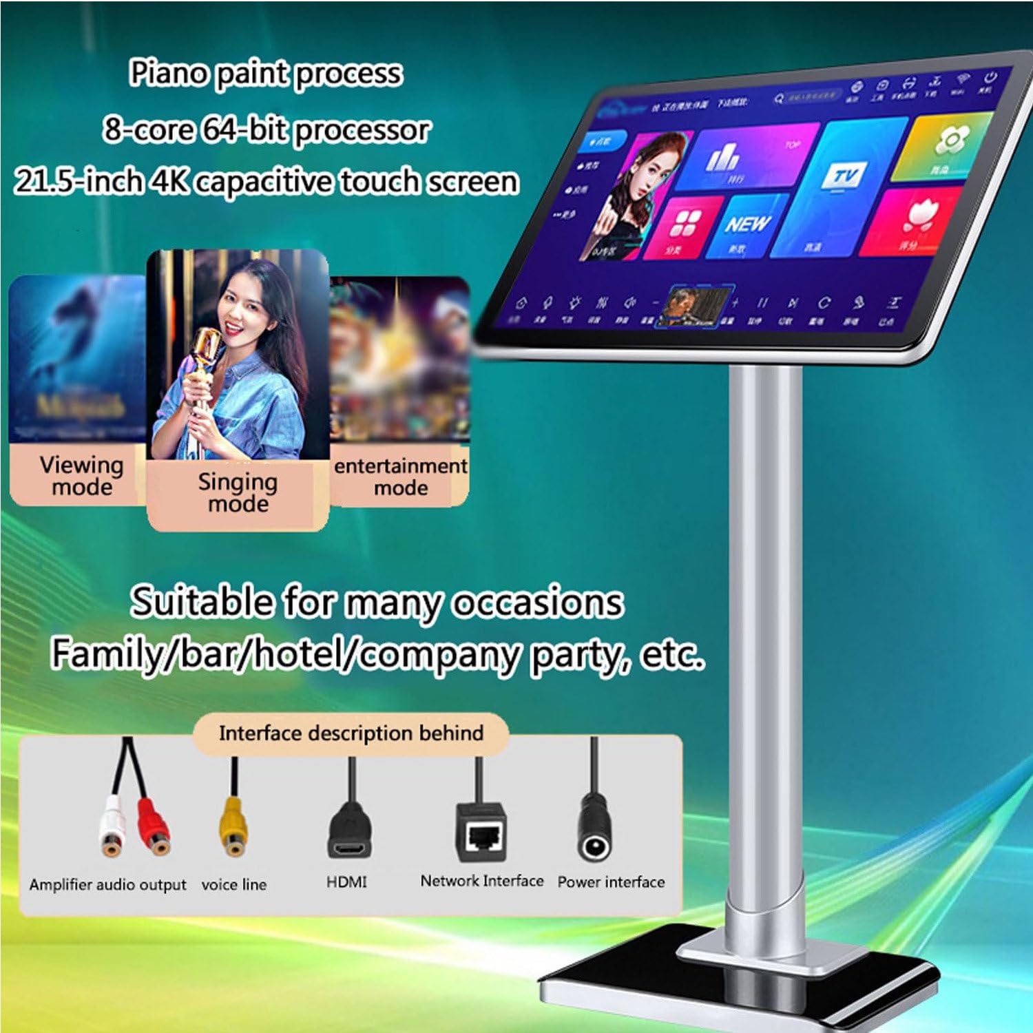 Macchina per karaoke con microfono wireless, touch screen da 21,5", download cloud, app YouTube, riproduzione di film e TV, spazio di archiviazione da 6 TB