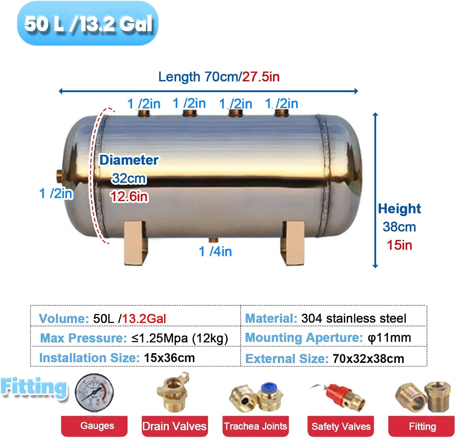 High Pressure Portable Air Tank - 0.5 to 13.2 Gallon Stainless Steel Air Reservoir for Gas Storage, Mini Horizontal Air Storage Container for Home & Outdoor Use