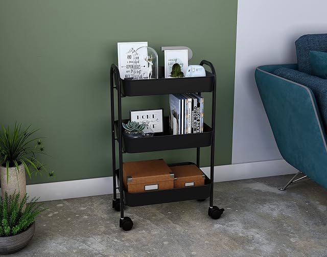 Mabel Home Storage Cart 3 Tier with Wheels and Handle, Metal Storage Utility Rolling Trolley, Multi-Purpose (Black)
