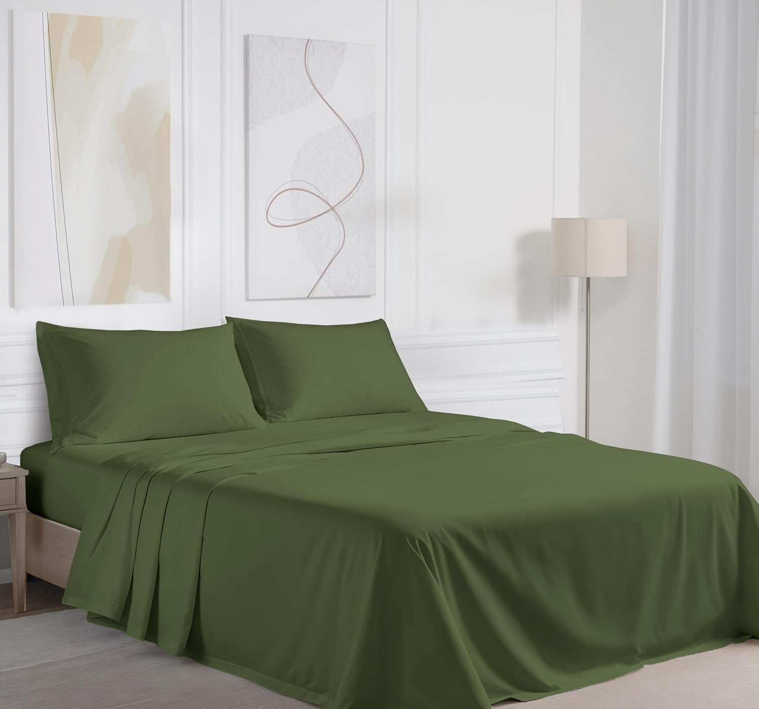 RUVANTI 100% Cotton Percale Sheets Queen Size, Chive | Crisp Cooling for Hot Sleepers, Deep Pocket 16", Soft Breathable & Durable, Hotel-Style 4 Piece Set