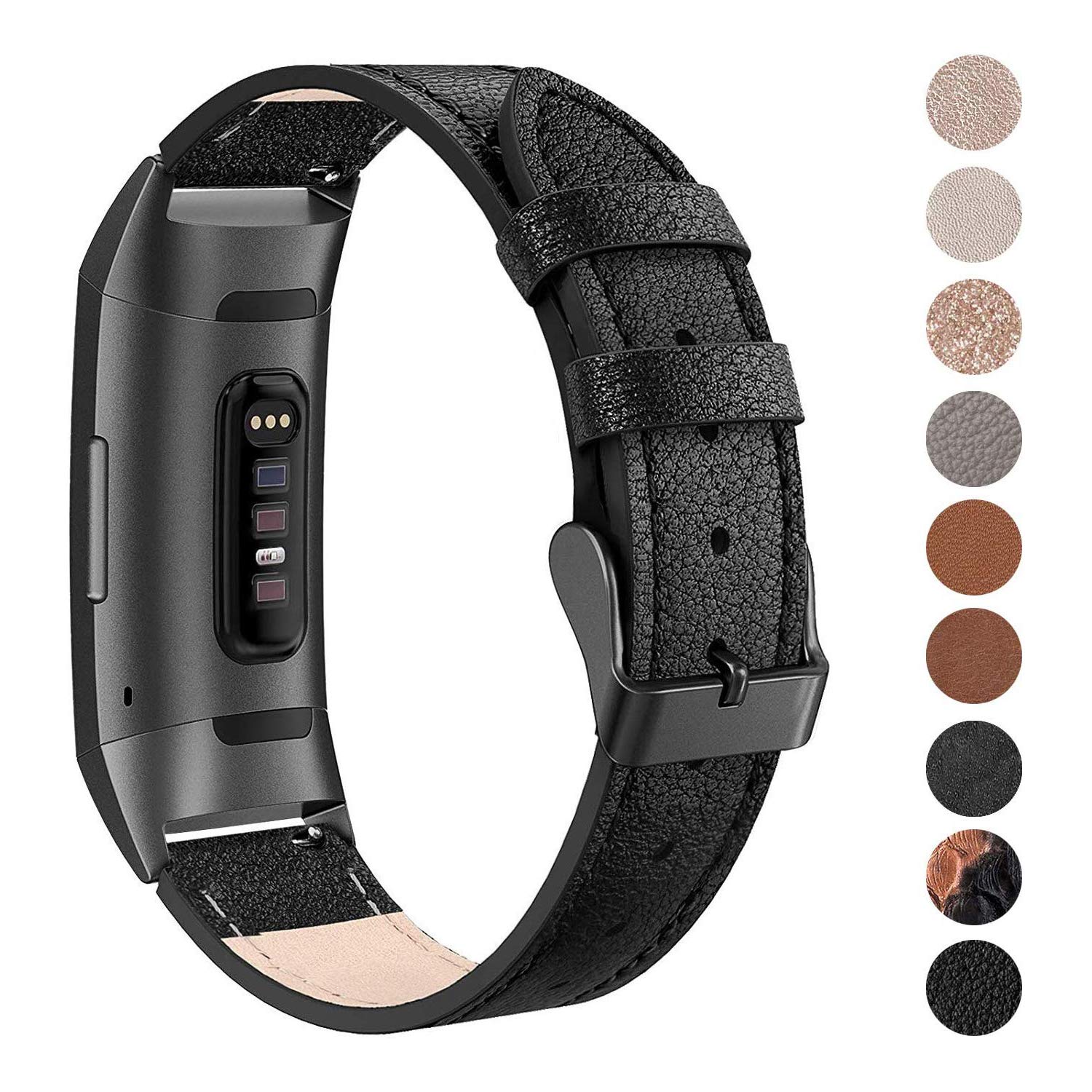 SWEES Leather Bands Compatible for Fitbit Charge 4, Charge 3 & Charge 3 SE Fitness Tracker, Genuine Leather Band Strap Wristband Replacement for Women Men Small Large, Black, Rose Gold, Beige, Brown
