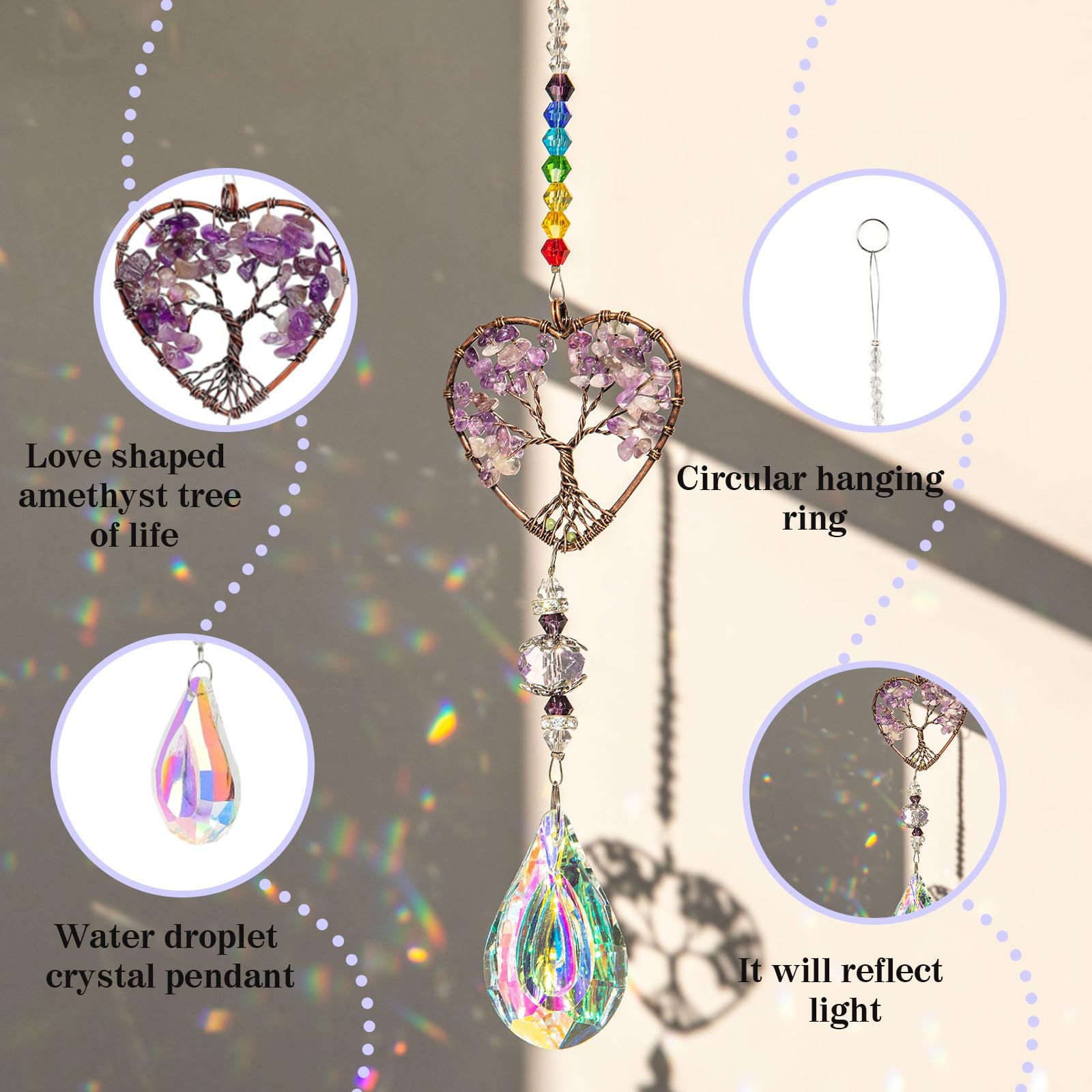 33 cm Window Hanging Prism Sun Catcher Amatista Atrapasoles Árbol de La Vida Window Suncatcher Campanilla de Viento Ideal para Ventanas Coches Oficinas y Jardines