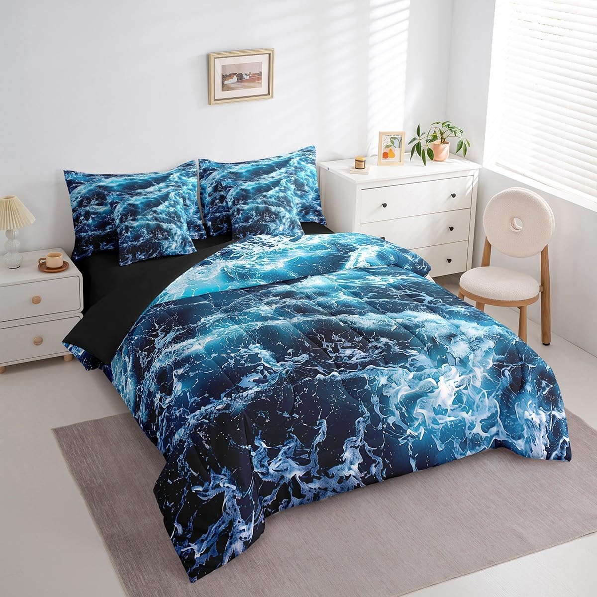 Erosebridal Blue Ocean Bedding Sets 7 Piece Twin Sea Wave Quilt with Flat Fitted Sheet Marine Water Grain Nautical Comforter Set Summer Cool Theme Bed in A Bag for Men Women