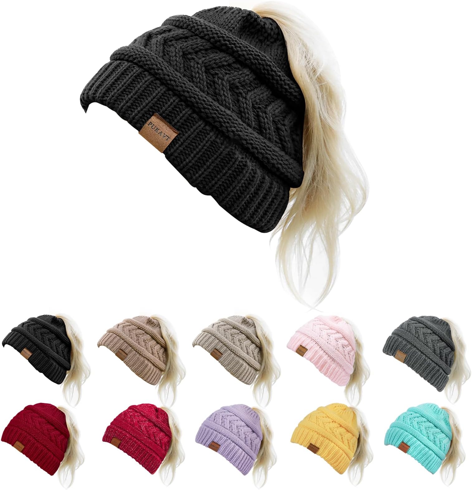 1&2 Pack Winter Hat Ponytail Beanie Hat for Women, Soft Stretch Cable Knit Messy Bun Beeanie,Trendy Gifts for Women