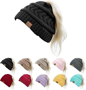 Pukavt 1&2 Pack Winter Hat Ponytail Beanie Hat for Women, Soft Stretch Cable Knit Messy Bun Beeanie,Trendy Gifts for Women