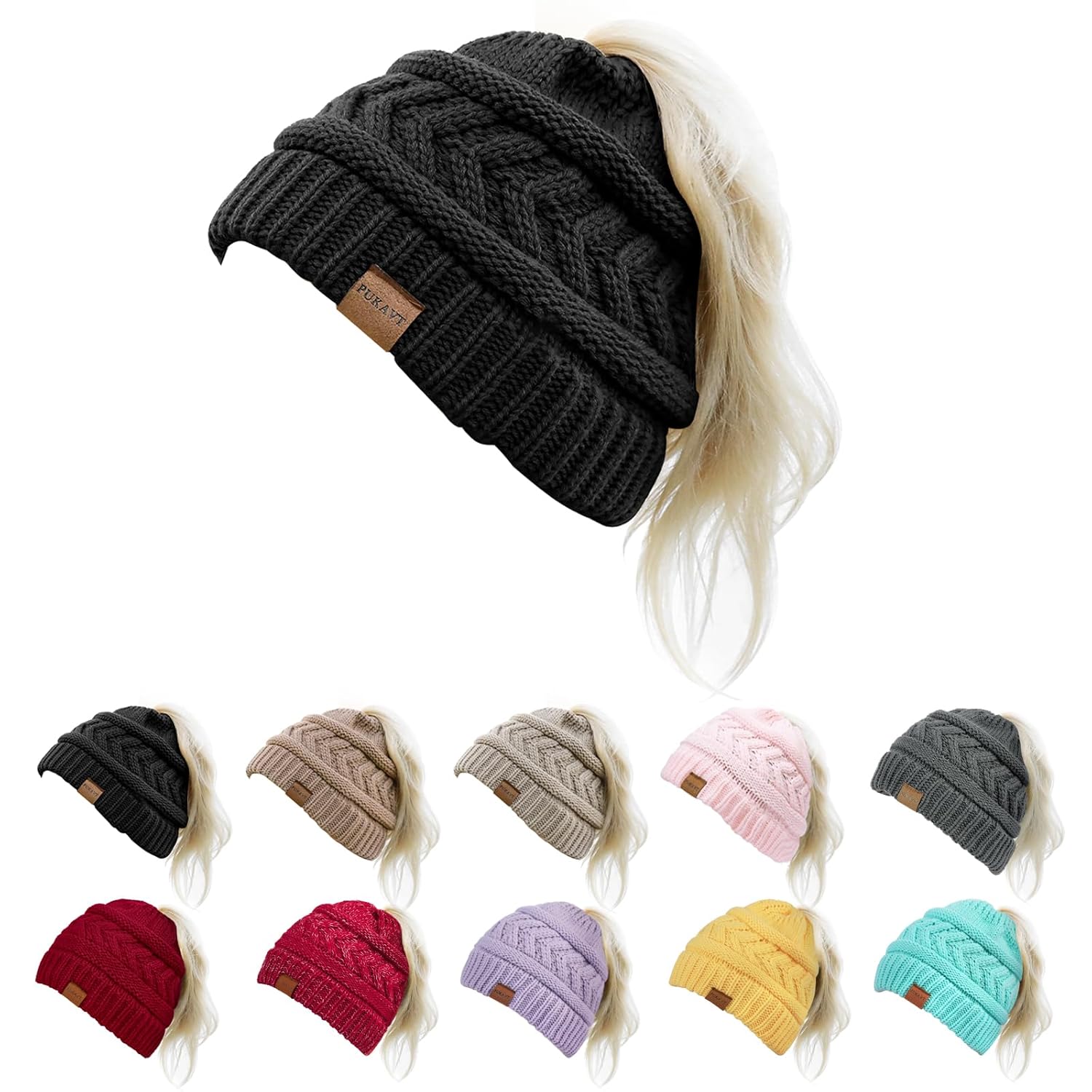 Pukavt 1 2 Pack Winter Hat Ponytail Beanie Hat for Women Soft Stretch Cable Knit Messy Bun Beeanie
