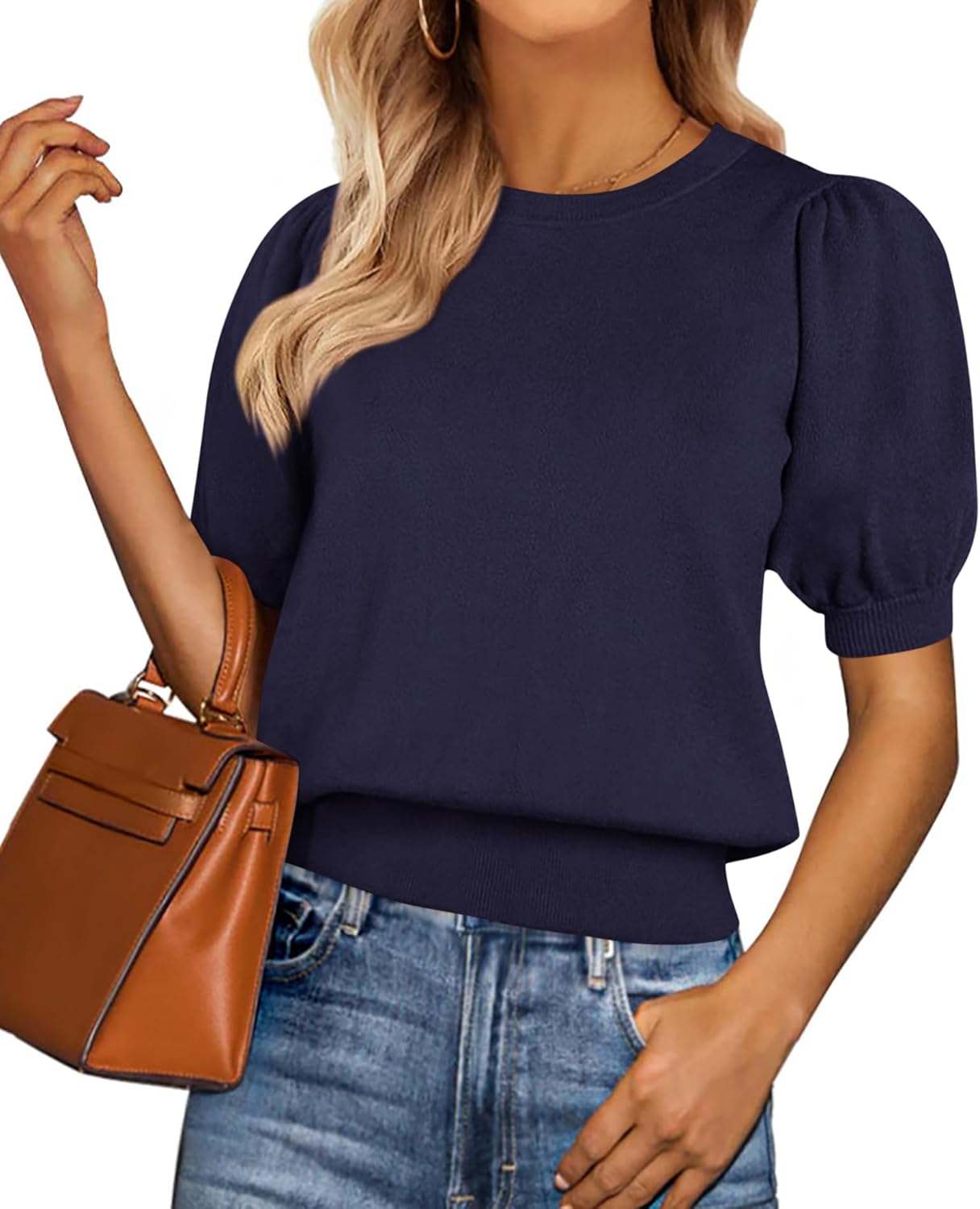 PRETTYGARDEN Womens Tops Spring 2026 Summer Puff Short Sleeve Sweater Crewneck Knit Work Blouses Dressy Casual Trendy Shirts