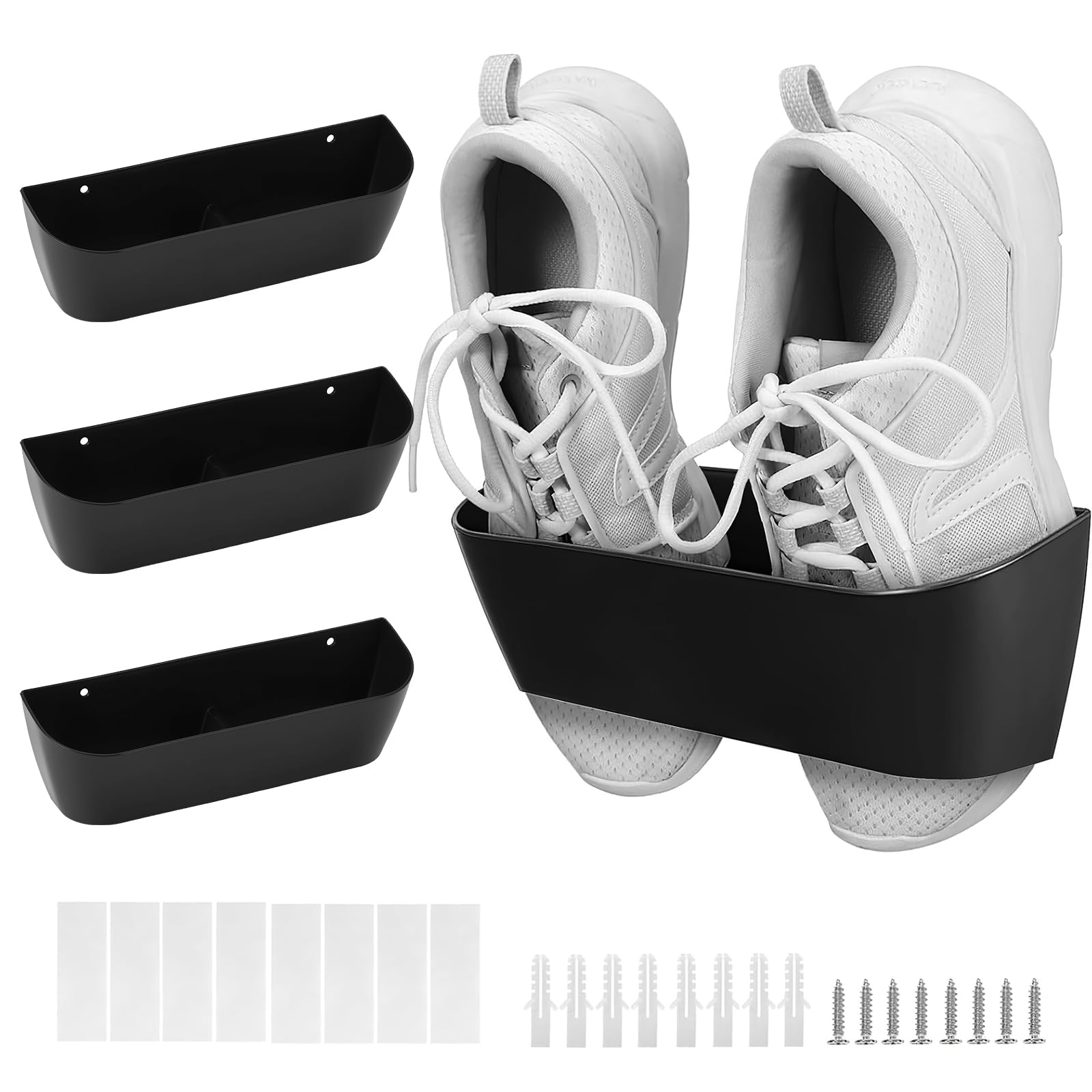 OUZHOU Wall Mounted Shoes Rack, 4 Pack Motorhome Shoe Holder, Wall Shoe Holder Self Adhesive Or Drilling 2 Ways Installation, Door Caravan Accessories Hanging Shoe Storage for Shoes Slippers(Black)