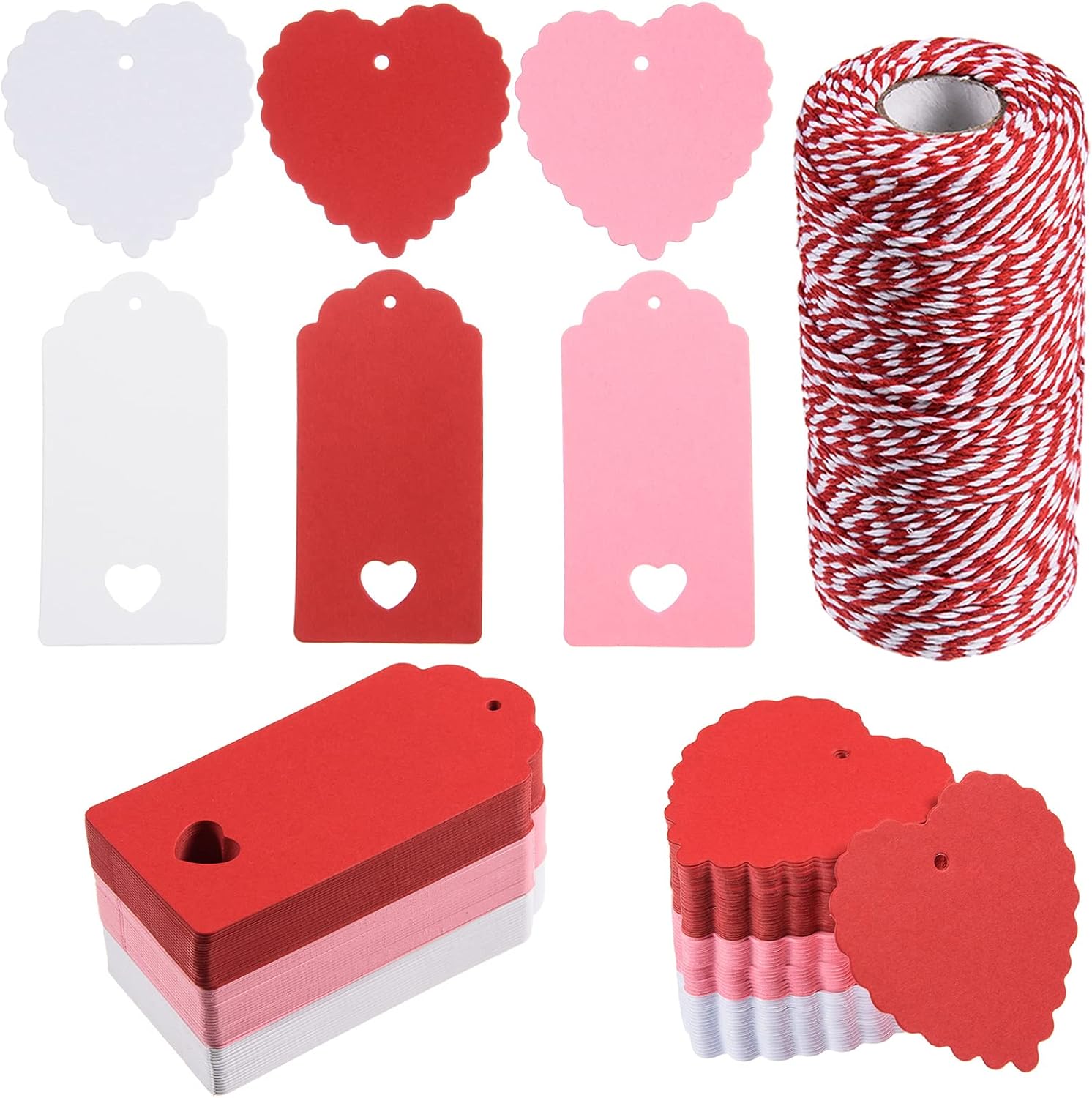 360 Pcs Valentines Day Gift Tags Heart Kraft Paper Tags Valentine's Day Theme Hanging Name Tags Labels with String for Valentine's Day Wedding Birthday Party Wrapping DIY Supplies(Red, White, Pink)