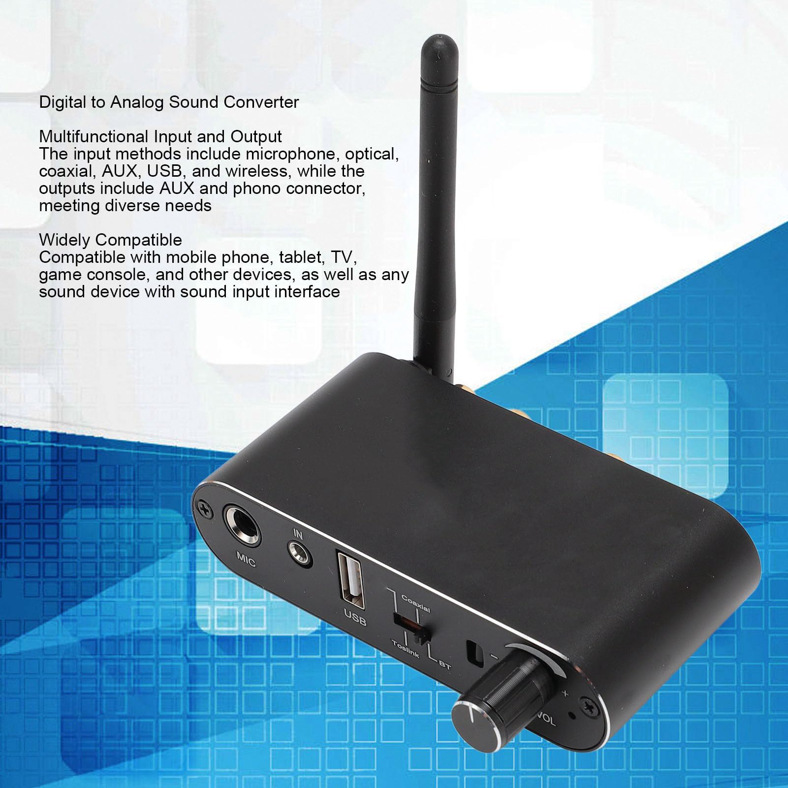 Convertisseur de Son Numérique vers Analogique, Convertisseur Audio Numérique vers Analogique avec Bluetooth, Adaptateur de Son Numérique D'entrée Micro AUX USB Optique Coaxial